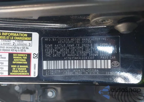 2020 Toyota Camry Se z USA, uszkodzony, nr VIN 4T1G11AK4LU343307